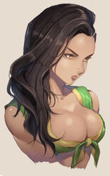 1girls asymmetrical_hair black_hair brazilian brazilian_female breasts brown_eyes capcom cleavage cornrows dark_skin female forehead front-tie_top large_breasts latina laura_matsuda lips long_hair murata_tefu nose parted_lips solo street_fighter street_fighter_v upper_body