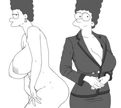 1girls alternate_breast_size cleavage clothed female huge_breasts marge_simpson nude pbrown solo suit the_simpsons