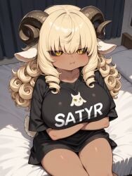 1girl ai_generated bedroom big_breasts black_sclera blonde_hair cheek_bulge clothed_female colored_sclera cowboy_shot crossed_arms curled_hair dark_skinned_female demon_girl goat_ears goat_girl goat_horns goat_tail huge_breasts indoors long_hair monster_girl mr.mawile naked_shirt on_bed original original_character oversized_shirt shortstack sitting slit_pupils yellow_eyes