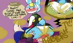 2d 2d_(artwork) animal_crossing black_eyes blue_body blue_pants blush blushing brappycatty bunny_girl facesitting fart fart_fetish farting farting_in_face female female_focus francine_(animal_crossing) grabbing_ass image light_brown_body male male_focus oc original_character panties pink_background sniffing_farts sunniefunnie tagme white_panties yellow_hair