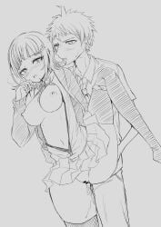 1boy 1girls big_breasts blush breasts danganronpa danganronpa_2:_goodbye_despair female hinata_hajime male mizu_matawa_nurumayu monochrome nanami_chiaki nipples wet
