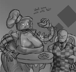 1boy 1girl big_breasts breasts busty busty_female clothed cookieware_(die_of_death) devesto devesto_(die_of_death) die_of_death die_of_death_(roblox) female female_focus lornan1hater male roblox robloxian robot robot_girl robot_humanoid tagme