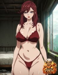 ai_art ai_assisted ai_generated artist_logo big_breasts cameltoe character_request coug cougvaldia highleg highleg_panties narrowed_eyes original_character patreon_url patreon_username red_hair red_lingerie skindentation stable_diffusion tagme trash watermark web_address window