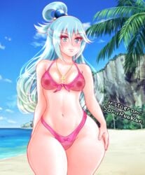 1girls aqua_(konosuba) beach bikini blue_eyes blue_hair bra cross female hands_behind kono_subarashii_sekai_ni_shukufuku_wo! pink_panties samiruukun small_breasts solo thick_thighs wide_hips