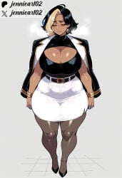 1girl ai_generated arms_at_sides artist_name belt black_belt black_footwear black_hair black_jacket black_pantyhose blonde_hair bracelet breasts breath brown_pantyhose cleavage cleavage_cutout closed_eyes clothing clothing_cutout curvy dark-skinned_female dark_skin domina earrings english_text female full_body grey_background heavy_breathing high-waist_skirt high_heels hoop_earrings huge_breasts jacket jacket_on_shoulders jennieart02 jewelry large_breasts mature_female miniskirt multicolored_hair overwatch overwatch_2 pantyhose patreon patreon_logo patreon_username pencil_skirt plump short_hair simple_background skirt solo standing streaked_hair thick_thighs thighs twitter twitter_username two-tone_hair watermark white_skirt wide_hips