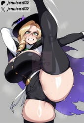 1girl 1girls ai_generated arm_up artist_name belt black_footwear black_headwear black_leotard black_thighhighs blonde_hair blush boots breasts buttons cape cleavage clenched_teeth clothing curvy drill_hair earrings english_text female female_only flexible glasses glynda_goodwitch green_eyes grey_background hat high_heels huge_breasts jennieart02 jewelry kneepits large_breasts leg_lift leg_up legwear leotard light-skinned_female long_hair long_sleeves looking_at_viewer mature_female medium_hair patreon patreon_logo patreon_username purple_cape round_eyewear rwby shirt simple_background skindentation solo split standing standing_on_one_leg standing_split steaming_body sweat teeth thick_thighs thigh_boots thighhighs thighs torn_cape torn_clothes twitter twitter_username watermark white_belt