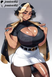 1futa 1futanari 1girl ai_generated artist_name belt black_belt black_hair black_jacket black_pantyhose black_shirt blonde_hair blue_eyes blue_nails blush breasts brown_pantyhose bulge cleavage cleavage_cutout clothing clothing_cutout covered_testicles cowboy_shot curvy dark-skinned_futa dark_skin domina erection fingernails flaccid futa_only futanari gradient_background grey_background high-waist_skirt huge_breasts huge_penis intersex intersex_only jacket jacket_on_shoulders jennieart02 large_breasts large_penis meme_attire miniskirt mole mole_on_breast multicolored_hair nail_polish overwatch overwatch_2 pantyhose patreon patreon_logo patreon_username pencil_skirt penis penis_peek shirt shirt_tucked_in short_hair short_sleeves shortstack skirt solo standing testicles thick_thighs thighs twitter twitter_username two-tone_hair veins veiny_penis watermark white_nails white_skirt