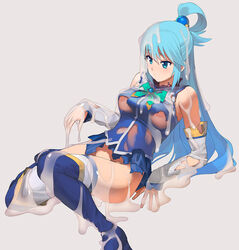 aqua_(konosuba) areolae big_breasts blue_eyes blue_hair boots clothing detached_sleeves dissolving_clothes hair_ornament heel_boots high_heel_boots initial-g kono_subarashii_sekai_ni_shukufuku_wo! liquid long_hair no_panties on_floor suspicious_looking_liquid thigh_boots thighhigh_boots torn_clothes