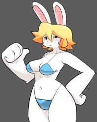 aiko_(dekaduck) aiko_rosewood bikini blue_bikini breasts curvy curvy_female curvy_figure dekaduck dekaduck_(game) dimpindot huge_hands pointing_to_self police_officer policewoman rabbit short_hair thumbs_up white_body