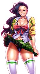 abs alternate_costume ass_visible_through_thighs asymmetrical_hair black_hair brazilian brazilian_female brazilian_tan breasts cameltoe chiba_toshirou earrings female green_skirt highres jewelry large_breasts laura_matsuda looking_at_viewer navel panties pink_nails skirt skirt_lift smile solo stomach street_fighter street_fighter_v thigh_gap thighs thong underwear white_legwear