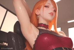 1boy 1femboy absurd_res ai_generated arm_behind_head arm_up armpits artist_name artist_upload belt breasts choker crossdressing dress earrings femboy femboy_focus feminine_male gay hi_res indoors jewelry lips long_hair looking_at_viewer medium_breasts more_at_source orange_hair pandora parted_lips patreon patreon_logo patreon_username presenting_armpit red_choker red_dress self_upload sitting sleeveless sleeveless_dress solo swivel_chair transgender uncensored upper_body watermark