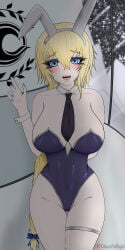 blonde_hair blue_eyes blue_nails braided_hair braided_ponytail breast_curtains bunny_ears bunnysuit embarrassed fate/apocrypha fate/grand_order fate_(series) jeanne_d'arc_(fate) kitsune_no_shujin large_breasts patreon_username self_upload thigh_strap tie