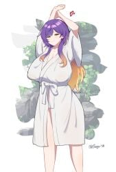 1girl 1girls arms_behind_head arms_up artist_name artist_signature bathrobe big_breasts blonde_hair bow bowtie breasts breasts_bigger_than_head brown_hair cleavage covered_nipples cowboy_shot gigantic_breasts gradient_hair hair_on_breasts half-closed_eyes heart heart_symbol hearts hijiri_byakuren huge_breasts huge_nipples large_breasts leaf long_hair long_sidelocks looking_at_viewer multicolored_hair nipples nipples_visible_through_clothing no_bra no_panties puffy_nipples purple_hair rock sidelocks signature smile smiley_face smiling smiling_at_viewer smirk smirking solo solo_female solo_focus tagme touhou twitter_username white_background wide_hips
