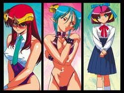 3girls 90s bare_arms bare_shoulders black_border blue_background blush bow breasts carrera cleavage clothed clothing collar covered_navel crossed_arms demon_girl demon_horns drill_hair erect_nipples erect_nipples_under_clothes eyebrows_visible_through_hair eyes_visible_through_hair female female_only flat_chest green_background green_eyes green_hair hair_ribbon hairband hand_on_shoulder horns large_breasts leotard long_ears long_hair looking_at_viewer mercedes_(viper) midriff monster_girl multiple_girls navel necktie nipple_bulge official_art panties pink_background pink_hair pleated_skirt pointy_ears purple_clothing purple_thong rati red_eyes red_hair revealing_clothes ribbon sasaki_masakatsu school_uniform shirt short_hair sitting skirt socks sogna standing succubi succubus succubus_costume succubus_horns succubus_outfit tank_top thighs thong v_arms viper_(series) viper_gts wrist_cuffs wristband