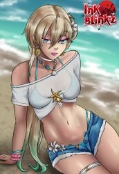 1girl 1girls 2d 2d_(artwork) accessories accessory alternate_version_at_source alternate_version_available artist_name artist_signature artist_upload beach beach_background blonde_female blonde_hair blue_eyes bracelets clothed digital_drawing_(artwork) earrings female female_focus female_human female_only flower_in_hair flowers hair_ornament illustration inkblinkz jean_shorts laying_down leaning leaning_back looking_at_viewer lynae_(wuthering_waves) make_up makeup necklace patreon patreon_artist patreon_username pigtail pigtails pose posing seashell seaside see-through see-through_clothes see-through_clothing see-through_shirt see-through_top self_upload shorts smiling smiling_at_viewer solo solo_female solo_focus summer swimsuit watermark wuthering_waves