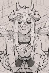 1girls 2boys ai_generated blush captured cum cum_on_body cum_on_face demon demon_girl demon_horns gorns horned_humanoid horns long_hair monochrome naruto naruto_(series) tagme tayuya tied_wrists