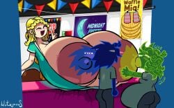 ..... 2girls belly_inflation big_breasts blonde_hair blue_body breast_feeding eyes_closed female female_on_female green_body huge_breasts hyper_breasts lactation male original_character public_use smile sucking_nipples