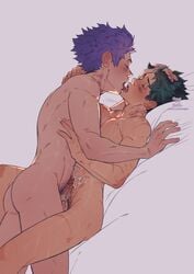 2boys after_sex blush closed_eyes cum cumming freckles french_kiss gay green_hair hand_on_head head_grab hickey hickey_marks hitoshi_shinso izuku_midoriya kiss_mark kissing male male_only missionary_position my_hero_academia penis precum purple_hair scar spacenipnops sweat tagme tongue tongue_out yaoi