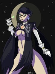 artist_name bayonetta bayonetta_(character) bayonetta_2 black_hair bottomless_female feet_out_of_frame glasses green_eyes large_breasts lollipop long_gloves night_sky niktwar no_bra pinup short_hair shoulder_pads top_only triangle_earrings umbra_witch white_gloves witch