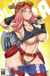 1girls abs armpits arms_behind_head bayeuxman belt belt_buckle big_breasts breasts cameltoe dreadlocks female female_focus female_on_top female_only huge_breasts looking_at_viewer looking_pleasured mei_hatsume muscles muscular muscular_female my_hero_academia panties pants pants_down pink_hair red_belt shirt shirt_lift shirt_up smile smiling smiling_at_viewer straps tagme thong thong_panties underboob watermark wide_hips yellow_background yellow_eyes