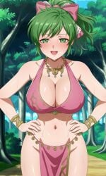 1girl ai_generated barely_clothed big_sister bow cleavage fire_emblem fire_emblem:_genealogy_of_the_holy_war fire_emblem_heroes forest green_eyes green_hair huge_breasts lene_(fire_emblem) midriff nature naughty_face navel nearly_naked no_bra no_panties no_underwear onee-chan pixai ponytail revealing_clothes seductive_smile silf smile solo trees woods