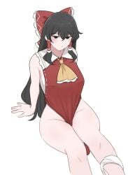 1girls black_hair blush bottomless bow breasts female_pubic_hair hips long_hair looking_at_viewer mata_(matasoup) medium_breasts no_panties panties_around_one_leg partially_clothed pubic_hair reimu_hakurei sarashi sitting solo solo_female solo_focus thighs touhou wide_hips