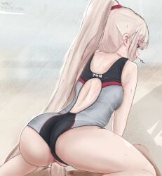1girls ak-74m_(girls'_frontline) alternate_version_at_source alternate_version_available anus ass back back_view blonde_hair blue_eyes feet_out_of_frame female female_only girls'_frontline long_hair one-piece_swimsuit penis ponytail pussy reverse_cowgirl_position sex straddling sweat sweatdrop swimsuit swimsuit_aside tv90 uncensored vaginal vaginal_penetration vaginal_sex variant_set