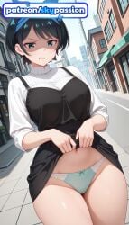 1girls 2026 ai_assisted ai_generated anime black_hair bookshelf building city cityscape clothes_lift dress hi_res high_quality high_resolution highres kanojo_okarishimasu library lifted_by_self panties patreon patreon_username sarashina_ruka skirt_lift skypassion stable_diffusion underwear watermark