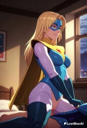 1boy 1boy1girl 1girls ai_generated artist_name bed blonde_blazer blonde_hair blue_eyes blurry bodysuit boots breasts cape clothed_sex cowgirl_position dispatch_(game) domino_mask female girl_on_top gloves hetero hi_res indoors long_hair lustboxai mask medium_breasts penis pussy sex smile solo_focus straddling superhero thigh_boots thighhighs torn_clothes uncensored vaginal vaginal_penetration vaginal_sex window yellow_cape