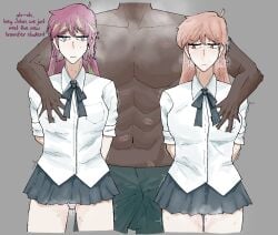 anonymous_artist dark-skinned_male hairbow hand_on_breast kiss_mark light-skinned_female lipstick_mark magenta_hair muscular_male pink_hair remi_(unordinary) school_uniform seraphina_(unordinary) unordinary