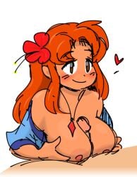1boy 1girl bare_shoulders blue_shirt blush breasts breasts_squeezed_together brown_eyes dark_skin drcockula flower hair_flower hair_ornament heart hetero jewelry large_breasts link's_awakening long_hair marin_(zelda) necklace nipples off_shoulder orange_hair paizuri penis simple_background smile solo_focus the_legend_of_zelda uncensored white_background