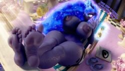 16:9 1girls 3d aanthro absurd_res accessory alicorn anthrofied areolae barefoot bent_over big_breasts blue_eyes blue_fur blush breasts breasts_bigger_than_head busty curvaceous curvy curvy_figure dialogue digital_media_(artwork) english_text equid equine eyebrows eyelashes feet feet_focus feet_up female female_focus female_only footprint footwear friendship_is_magic fur furry glistening glistening_body hasbro hi_res hourglass_figure looking_away mammal motion_lines my_little_pony nipples princess_luna_(mlp) puffy_nipples royalty snuddy soles solo sweat sweatdrop sweaty text thick_thighs toes two-tone_hair voluptuous voluptuous_female white_body wide_hips