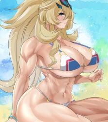 1girls barghest_(gawain)_(fate) barghest_(swimsuit_archer)_(final_ascension)_(fate) big_breasts bikini bikini_bottom bikini_top blonde_hair blush bottomwear breasts fate_(series) female female_only green_eyes hair huge_breasts long_hair muscular muscular_female solo solo_female swimwear teaindian thighs topwear white_bikini