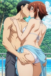 1boy 1girl absurdres adult ai_assisted ai_generated ass ass_grab beach big_breasts bikini black_hair blue_sky blush breasts brown_eyes brown_hair cloud day female french_kiss grand_blue grand_blue_dreaming heeven hetero highres kiss kotegawa_chisa male male_swimwear mature ocean outdoors patreon patreon_username perfect_body questionable sarong sensitive short_hair sky swim_trunks swimsuit topless_male tree uncensored water white_bikini