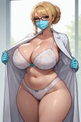 1girls ai_generated bangs belly_button black_outline blonde_hair blue_eyes bra chubby_female cleavage doctor eyebrows_visible_through_hair eyelashes face_mask female female_only gloves hair_between_eyes hair_bun hair_strand half-closed_eyes hourglass_figure labcoat lace_trim light-skinned_female lingerie looking_at_viewer massive_breasts mature_female midriff milf mommy open_clothes open_coat outdoor_background panties presenting rgomez007 seductive_look self_upload sideboob skindentation solo_female stable_diffusion surgical_gloves surgical_mask thick_outline thick_thighs tied_hair updo voluptuous wide_hips