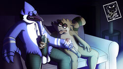 16:9 anthro avian bird blue_jay camsan_r_s cartoon_network corvid duo ejaculation gay genitals handjob hi_res humanoid_genitalia humanoid_penis jay_(bird) looking_pleasured male male/male mammal masturbation messy mordecai_(regular_show) mutual_masturbation new_world_jay oscine passerine penile penis procyonid raccoon regular_show rigby_(regular_show) sex widescreen