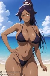 1female 1girl 1girls 2026 ai_generated artist_name ass_visible_through_thighs bangs beach big_ass big_breasts bikini black_bikini black_hair bleach bleach:_the_thousand-year_blood_war blue_sky blush breasts brown_eyes cleavage cloud collarbone cowboy_shot curvy dark-skinned_female dark_skin day hand_on_hip hi_res high_quality high_resolution highleg highleg_bikini highres huge_ass huge_breasts large_breasts long_hair looking_at_viewer navel ocean outdoors parted_bangs patreon patreon_username ponytail purple_hair sand shihouin_yoruichi side-tie_bikini_bottom sky smile solo swimsuit thighs unjobdespiert watermark yellow_eyes yoruichi_shihouin