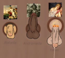 andromeda andromeda_(greek_mythology) atalanta atalanta_(greek_mythology) big_balls big_penis blonde_hair brunette brunette_hair dark_skin dick_cheese diverse_harem erection futa_only futanari glory_hole glory_hole_station glory_holes glory_wall greek_mythology hanging_balls hanging_penis helen_of_troy light_skin picture picture_on_wall precum tan_skin unerect