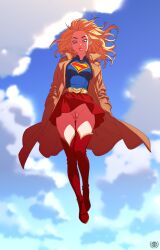 1girls amaurymangaka blonde_hair blue_eyes dc dc_comics exposed_pussy female female_focus female_only high_heel_boots kara_danvers kara_zor-el looking_at_viewer low-angle_view no_panties no_underwear pierced_tongue piercing pussy skirt skirt_lift supergirl superheroine superman_(series) tongue tongue_out tongue_piercing