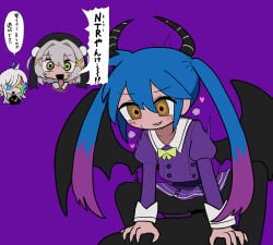 1boy 1male 2d 2d_(artwork) 2d_artwork 3females 3girls blue_hair clothed clothed_sex clothing completely_nude double_bun female gemini_(google) google gray_hair grey_hair hatsune_miku horn horns japanese_text kasuri mv_character purple_background purple_highlights serafuku simple_background star_eye tagme text twin_tails twintails ui_(voisona) vocaloid voisona white_hair wings