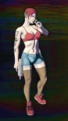 aura bra breasts cigarette clothed colored_hair green_eyes gun jean_shorts large_breasts oc original_character pale_skin pixzuri red_bra red_hair shaved_head short_hair smoking sneakers stalking tattoo tattoos uzi