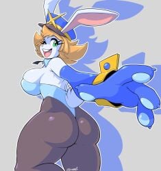 aiko_(dekaduck) aiko_rosewood big_breasts big_butt big_ears dekaduck dekaduck_(game) gloves green_eyes huge_hands lagomorph leotard long_ears looking_back open_mouth playboy_bunny police police_hat police_officer police_uniform policewoman rabbit rabbit_ears smile thong wide_hips