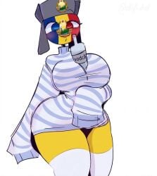 countryhumans countryhumans_girl kak0yt0_chel_style romania_(countryhumans) shirt socks ushanka vodka yellow_legs