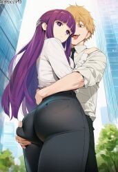 1boy 1girl 1girls ai_generated ass ass_focus black_pants chainsaw_man city collared_shirt dclp denji_(chainsaw_man) dutch_angle fern_(sousou_no_frieren) grabbing_another's_ass grabbing_ass hug outdoors sousou_no_frieren standing suit white_shit