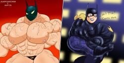 2girls aaat-da almost_naked batgirl batgirl_(cassandra_cain) batgirl_(stephanie_brown) batman_(series) big_muscles blue_eyes cassandra_cain covered_face dc_comics dialogue hyper_muscles juanitoarcoiris1 muscular muscular_arms muscular_female muscular_legs muscular_thighs stephanie_brown tagme text topless topless_female veins veiny_muscles
