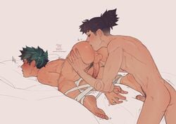 2boys anal anilingus ass ass_grab ass_up balls black_hair blush bondage bound_and_rimmed bubble_butt doggy_style freckles gay grabbing green_hair hanta_sero izuku_midoriya kneeling licking male male_only my_hero_academia nude penis rimming scar spacenipnops yaoi