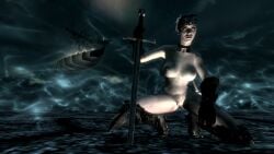 3d blade blue_hair breasts female female_focus female_only fish green_eyes green_eyes_female human human_female humanoid idols pussy skyrim sword the_elder_scrolls tits vaginal