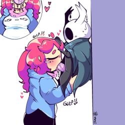 1boy 1girls blush celeste_(game) clothed clothed_sex eyes_closed heart hetero hollow_knight madeline_(celeste) oral oral_sex semen semen_in_mouth suspended_congress the_knight_(hollow_knight) yun06125583