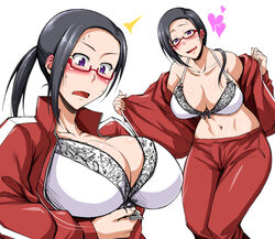 big_breasts blush demi-chan_wa_kataritai female female_focus female_only glasses hearts huge_breasts kimura_naoki long_hair presenting presenting_breasts satou_sakie solo solo_female solo_focus succubus track_jacket track_suit