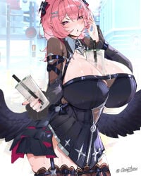 1girl absurdres alternate_breast_size_(larger) black_bow black_dress black_wings bow breasts brown_thighhighs bubble_tea bubble_tea_challenge chest_belt commentary cowboy_shot cup dress drinking_straw english_commentary hair_between_eyes hair_bow hair_ornament hairclip hand_up highres holding holding_cup huge_breasts looking_at_viewer medium_hair multicolored_nails official_alternate_costume open_mouth pink_eyes pink_hair pointy_ears purple_eyes purple_hair quadzlnw remielle_dan remielle_dan_(moonlight_whispers) solo sweat thai_text thighhighs wings zenless_zone_zero